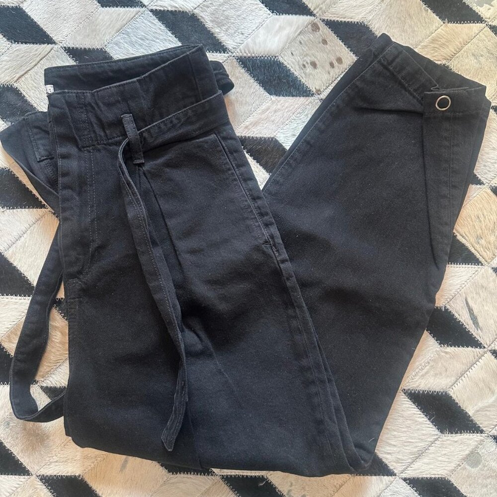 Mango NWOT Black Barrel Leg Jeans High Rise Pleated Cuffed Belted Balloon Denim - Picture 7 of 14